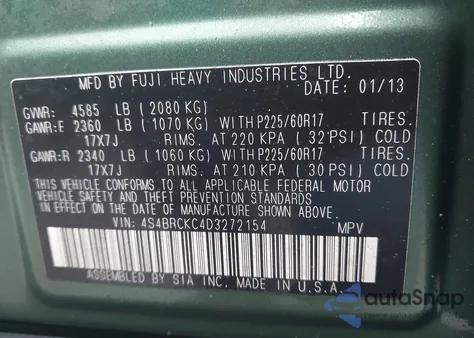 2013 Subaru Outback 2.5I Limited z USA, uszkodzony, nr VIN 4S4BRCKC4D3272154